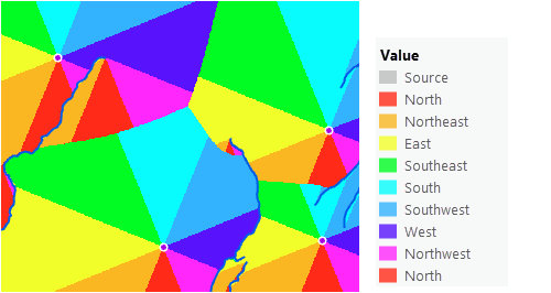 Map of back direction raster altered by the inclusion of barriers Map of back direction raster altered by the inclusion of barriers